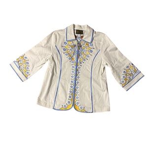 Bob Mackey Wearable Art M Women's White Jacket Blue Gold Embroidered Full Zip